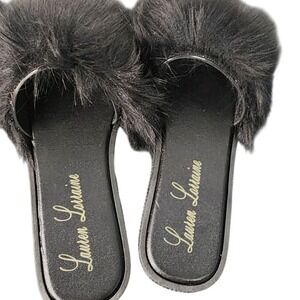 Lauren Lorraine Black Faux‎ Fur Slides Sandals Slippers Women's Size S